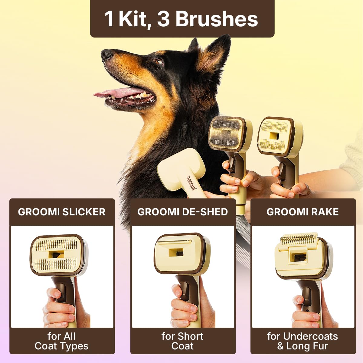 GroomEase™ 3-in-1 Vacuum Pet Brush Kit – Self-Cleaning Deshedding Brush & Universal Vacuum Pet Hair Remover for Dogs & Cats