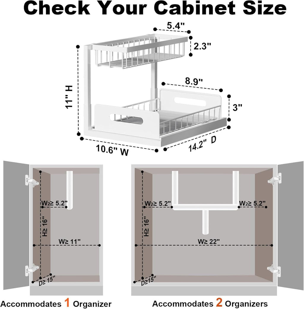 2-Pack Under Sink Organizer – 2-Tier Pull-Out Cabinet Storage Shelves with Sliding L-Shaped Design for Kitchen & Bathroom