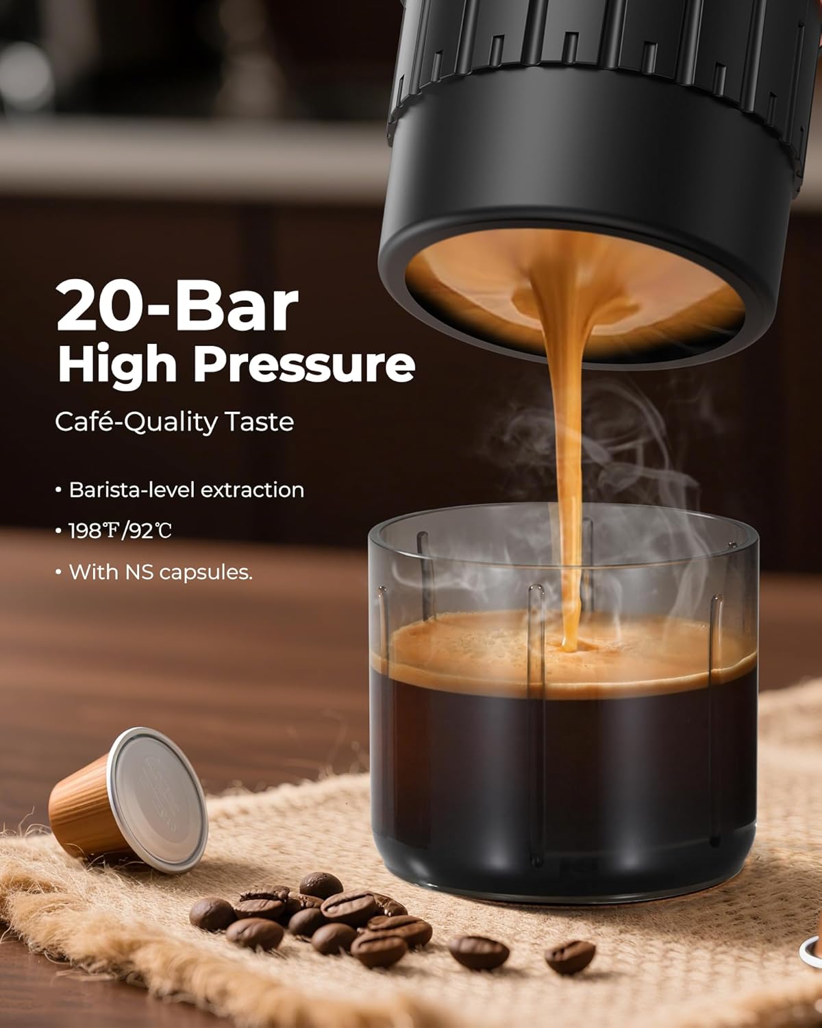 Portable Espresso Machine (Black) – Self-Heating Travel Coffee Maker with 20-Bar Pressure