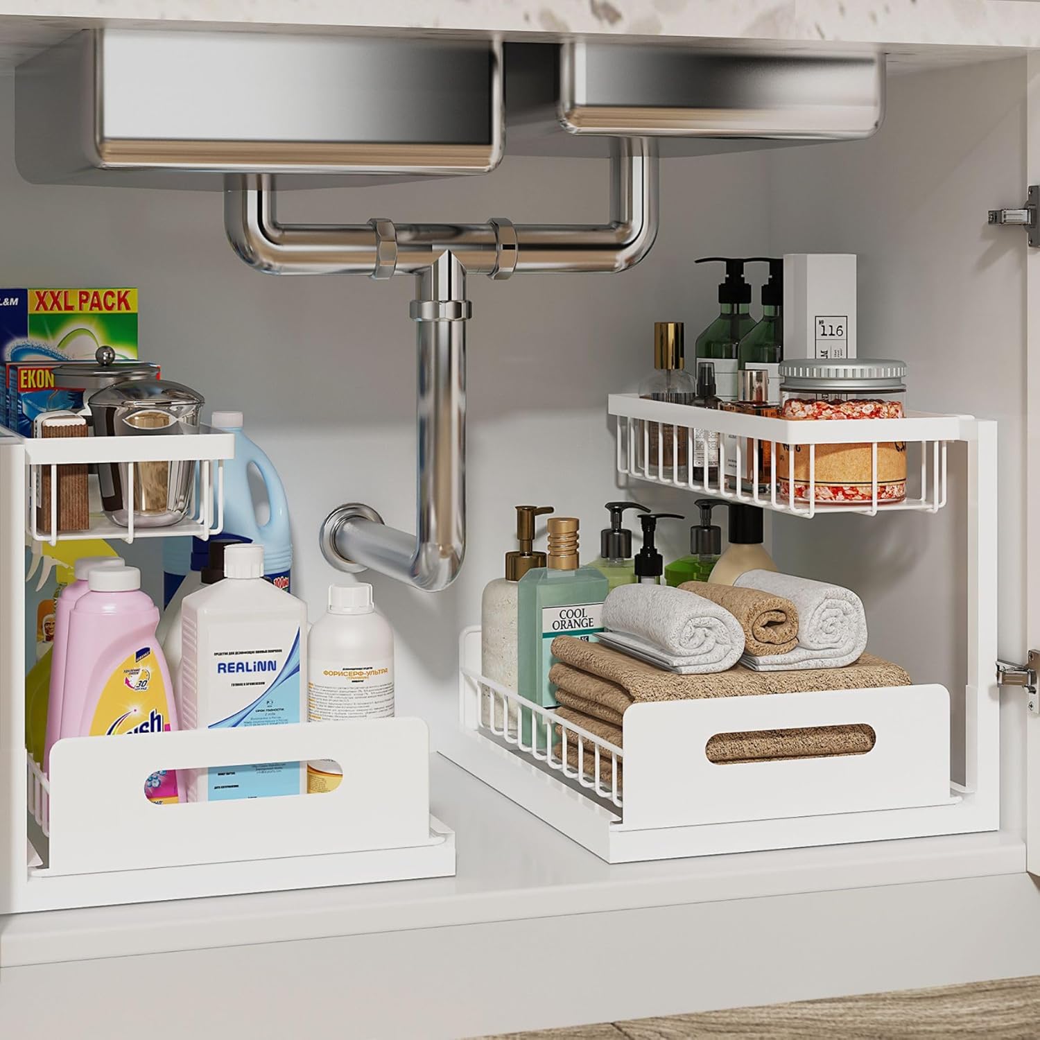 2-Pack Under Sink Organizer – 2-Tier Pull-Out Cabinet Storage Shelves with Sliding L-Shaped Design for Kitchen & Bathroom