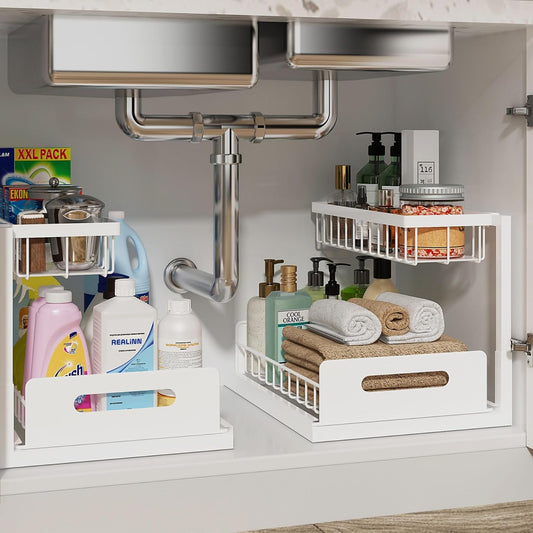 2-Pack Under Sink Organizer – 2-Tier Pull-Out Cabinet Storage Shelves with Sliding L-Shaped Design for Kitchen & Bathroom