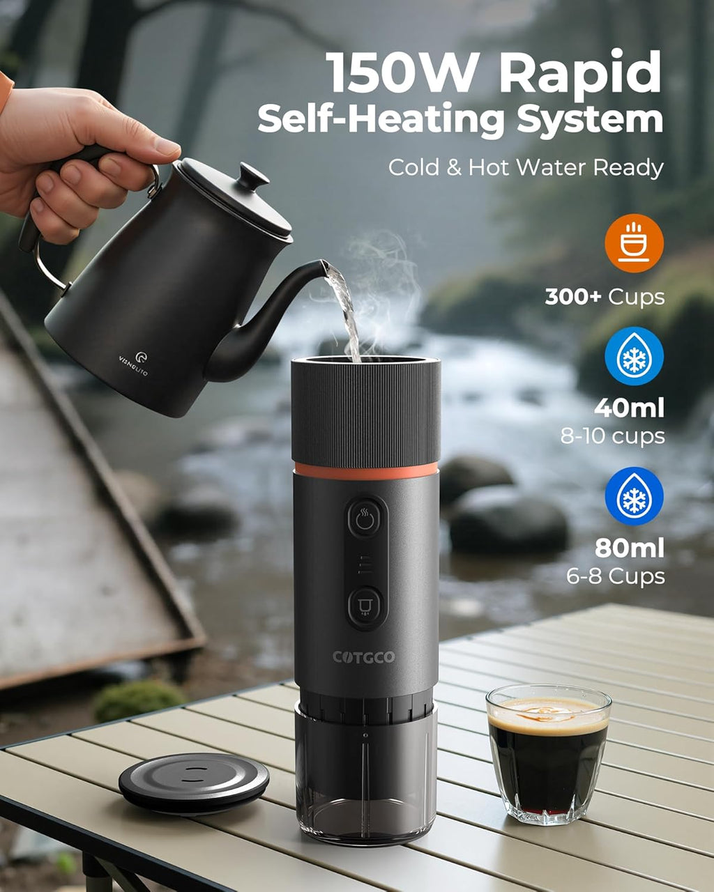 Portable Espresso Machine (Black) – Self-Heating Travel Coffee Maker with 20-Bar Pressure
