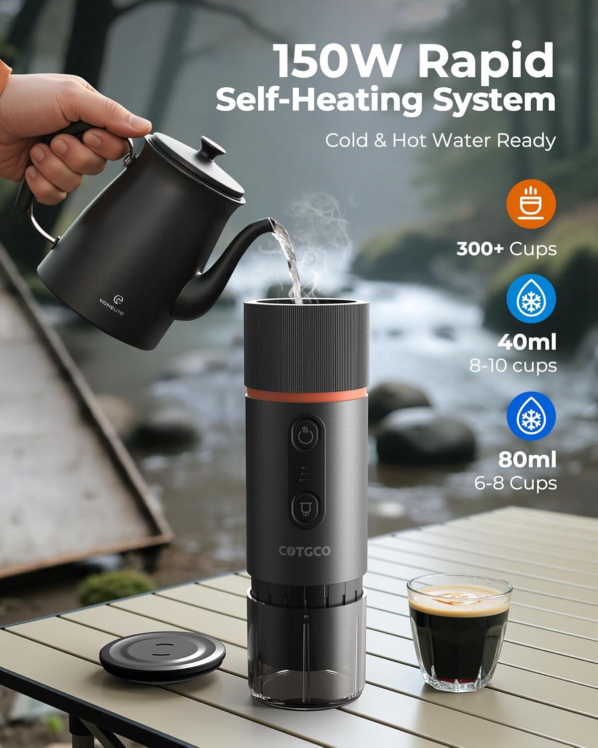 Portable Espresso Machine (Black) – Self-Heating Travel Coffee Maker with 20-Bar Pressure