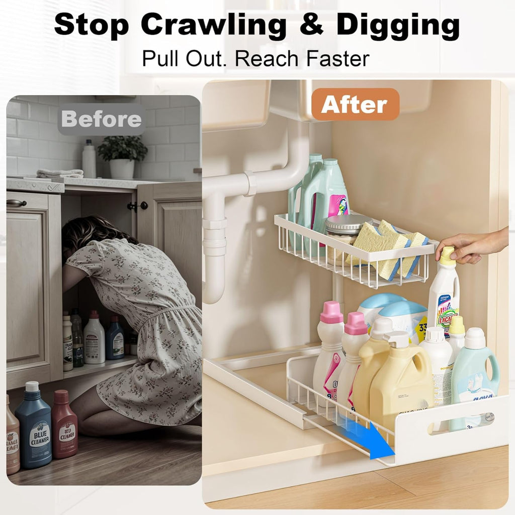 2-Pack Under Sink Organizer – 2-Tier Pull-Out Cabinet Storage Shelves with Sliding L-Shaped Design for Kitchen & Bathroom
