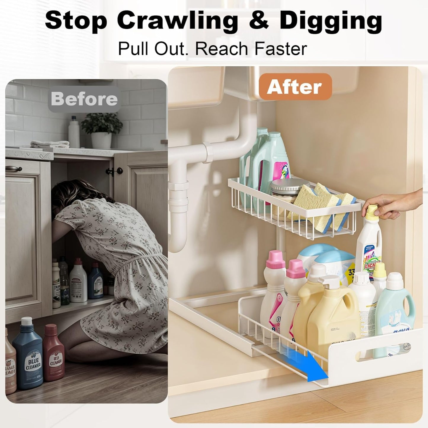 2-Pack Under Sink Organizer – 2-Tier Pull-Out Cabinet Storage Shelves with Sliding L-Shaped Design for Kitchen & Bathroom