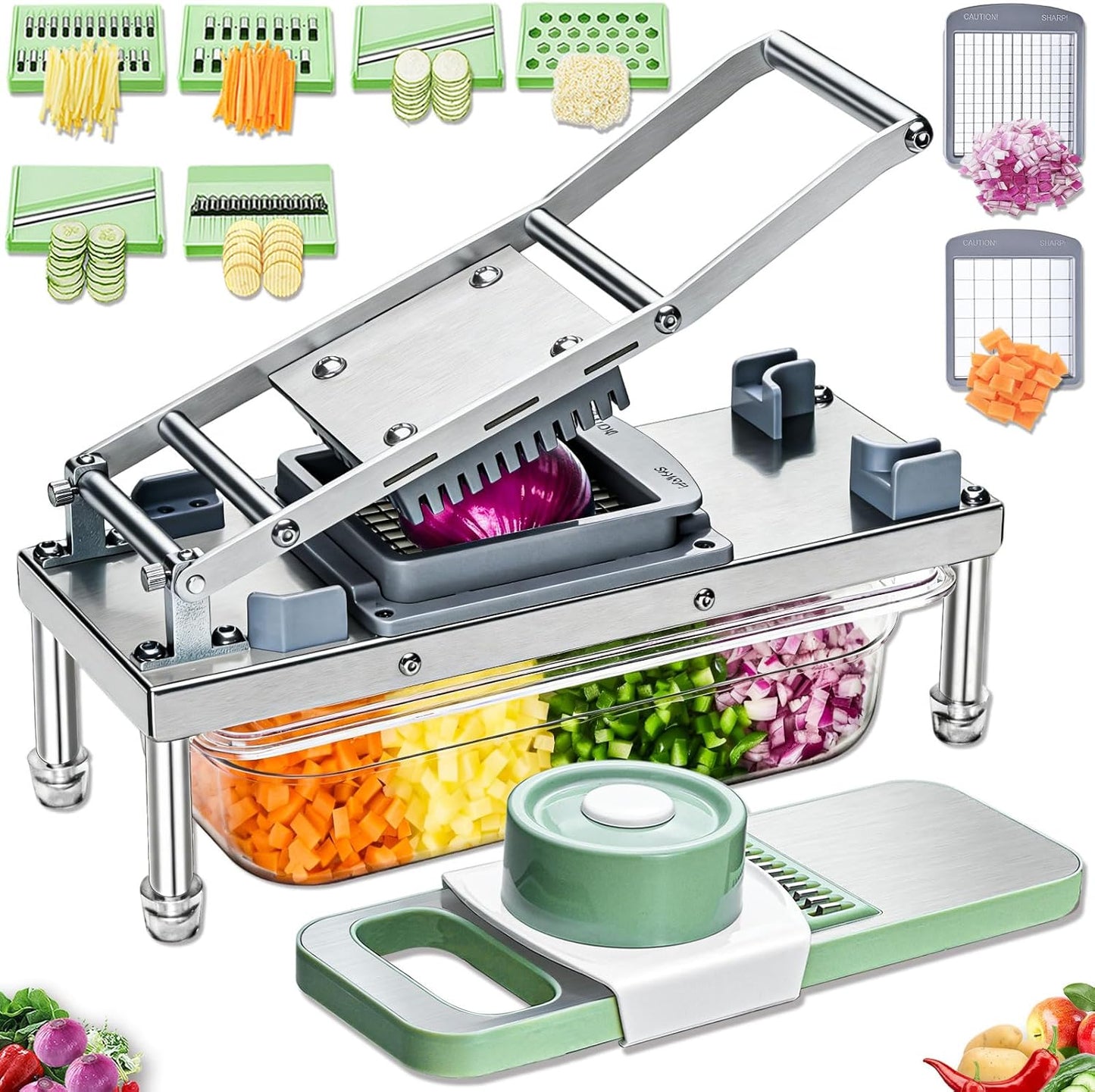 8-in-1 Stainless Steel Vegetable Chopper & Mandoline Slicer – Multi-Blade Onion Dicer, Food Cutter & Grater with Storage Container