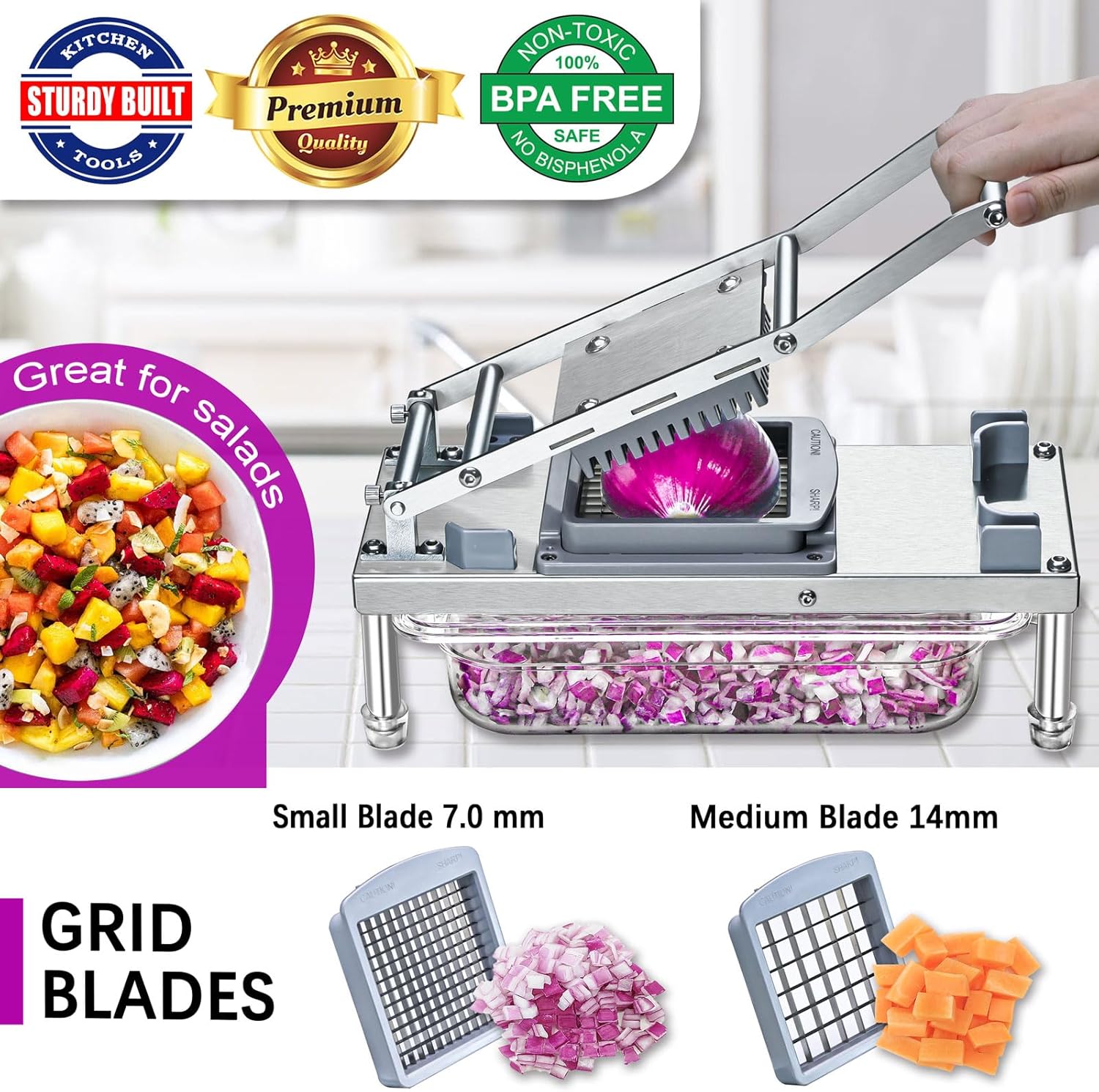 8-in-1 Stainless Steel Vegetable Chopper & Mandoline Slicer – Multi-Blade Onion Dicer, Food Cutter & Grater with Storage Container